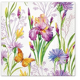 Servietten Blumen 20 butterflies on irises, flowers, leaves, garden, floral, flower motif, spring, summer, table decoration, 33 x 33 cm