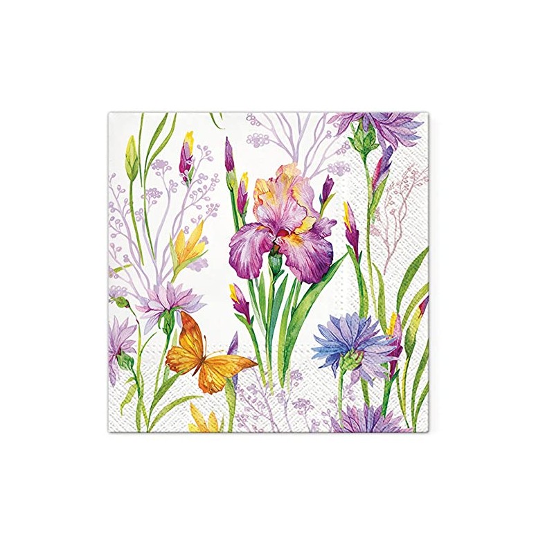 Servietten Blumen 20 butterflies on irises, flowers, leaves, garden, floral,