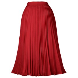 Pleated Flared Elastic Skater Skirt Solid Tea Length Red Size M KK659-4