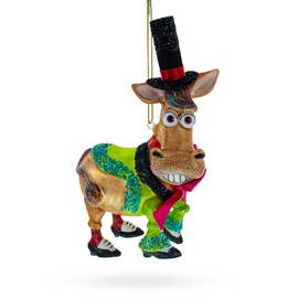 Donkey in Whimsical Costume Blown Glass Christmas Ornament