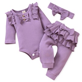 Aalizzwell Preemie Newborn Infant Baby Girls Clothes Ribbed Bodysuit Pants Set Fall Winter Spring Outfits Purple Premature