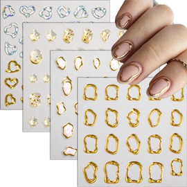 5D Gold Embossed Nail Art Stickers Crystal Soft Glue Irregular Geometric Frames Nail Stickers Sliver Hollow Designs Nail Decals Supplies Self Adhesive Stickers DIY Acrylic Nail Accessories Women Nail Decoration 4 Sheet