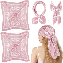 PLULON 2 Pcs 27.5" Square Satin Head Scarf Silk Bandanas for Women, Pink Paisley Bandana Hair Scarves Boho Headwear Western Cowboy Face Mask Hairband for Women Men Beach Travel Holiday Cycling Decors
