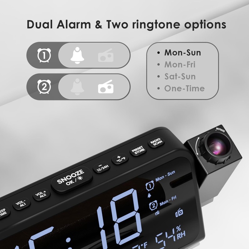 Radio Alarm Clock with Projection, Projection Alarm Clock for Bedroom,