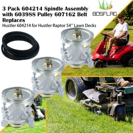 BOSFLAG 3 Pack 604214 Spindle with 603988 Pulley 607162 Belt Replaces Hustler 604214 Spindle for Hustler Mower, 52 Hustler Raptor Parts, Hustler Raptor 52 inch Blades, Hustler Raptor 52 inch Spindle