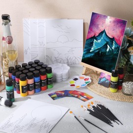AmazingSpark 6 Set Paint and Sip Kit for Adults 8"x 10" Pre Drawn Canvas for Painting DlY Acrylic Paint Set Canvas Panels Wood Easel, 24 Colors 60ml 2oz for Date Night Party Favors(Gorgeous Sky)