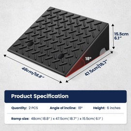 KROAK Rubber Curb Ramps 6 Inch 2 Pack, Heavy-Duty 8818LBS/4 Ton Capacity, Extra-Wide 18.8" W x 6" H, Non-Slip Driveway Ramps for Wheelchairs, Pets, Cars, Motorcycles, Lawn Mowers & Trailers