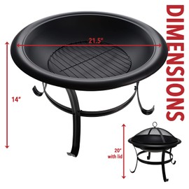 Gas One 22 in Outdoor– Wood Burning Fire Pit with Mesh Lid and Fire Picker – Durable Alloy Steel Fire Pits for Outside – Small Fire Pit for Backyard, Porch, Deck, Camping, BBQ