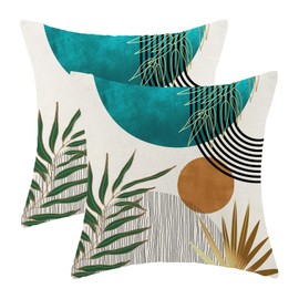 Boho Pillow Covers 18x18 Set of 2 Abstract Teal Green Gold Sunset Throw Pillow Covers Outdoor Decoration Mid Century Bohemian Style Tropical Leaf Pillowcase Farmhouse Cushion Case For Home Sofa
