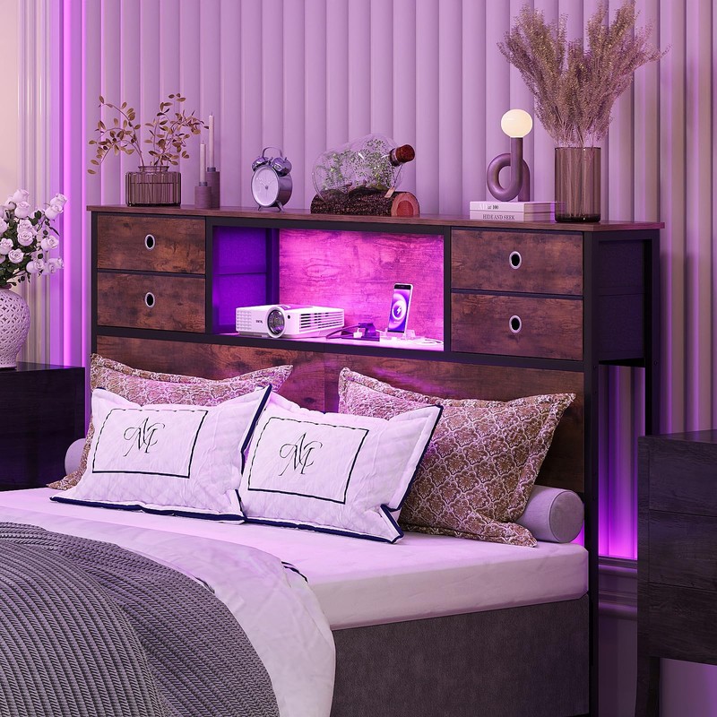 GiftGo Queen Size Headboard with 4 Fabric Storage Drawers Charging