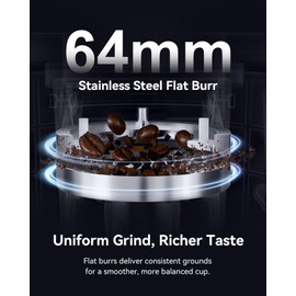 MOKKOM Professional 64mm Flat Burr Coffee Grinder with 100 Grind Settings, All-Metal Stainless Steel Body, Coffee Bean Grinder with Adjustable Electronic Timer, Anti-Static, LED Display