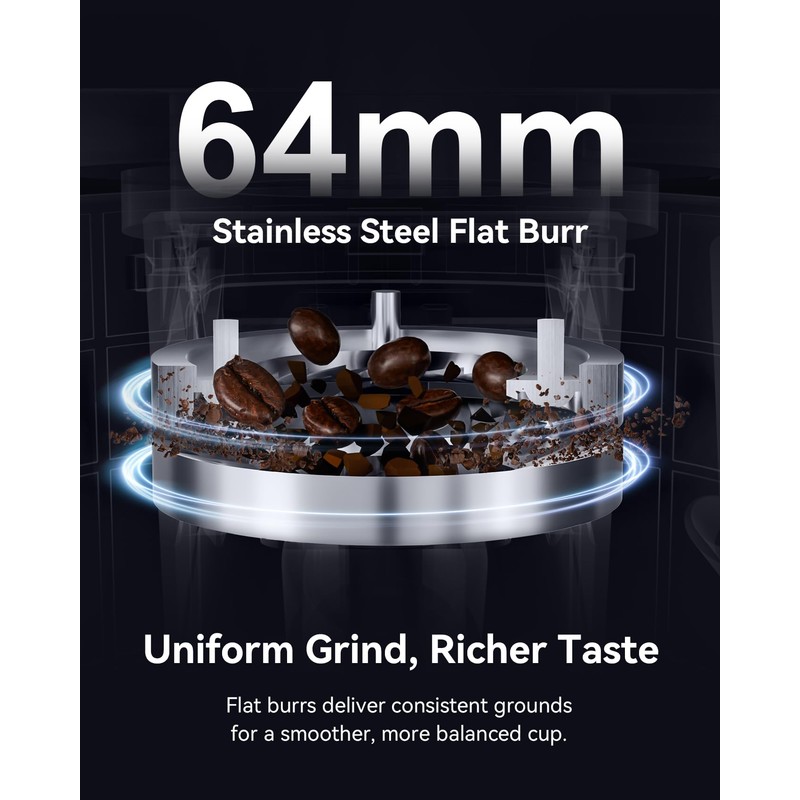 MOKKOM Professional 64mm Flat Burr Coffee Grinder with 100 Grind