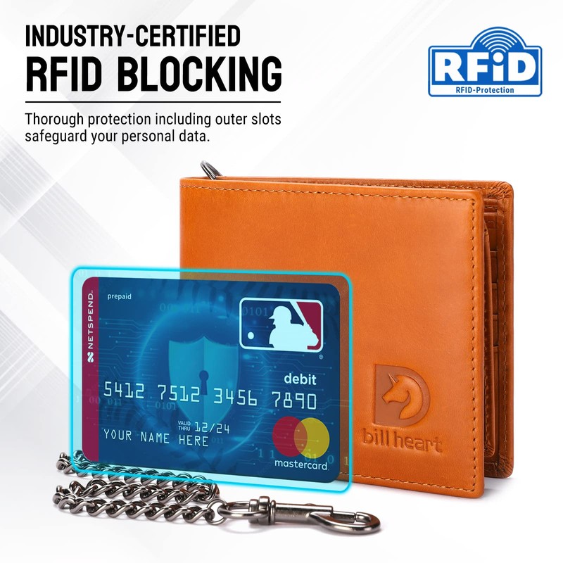 bill heart Wallet with Chain for Men, RFID Blocking Genuine