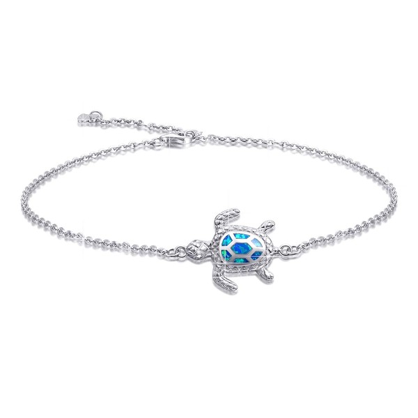 PUPILLEMON Blue Opal Sea Turtle Ankle Bracelet Sterling Silver Anklet Fine Jewelry For Women Gifts New Version 4 Level Adjustable Anklet (Large Bracelet)