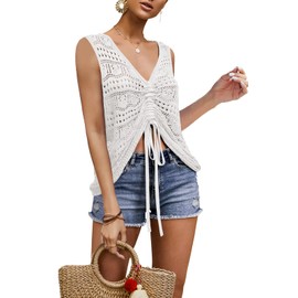 FERBIA Womens Beach Cover Up Sleeveless Crochet Top Swimsuits Coverups Summer Drawstring Lightweight Sweater Vest