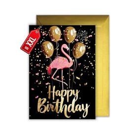 WBdesignz Birthday Card with Envelope - Elegant Birthday Card Flamingo Happy Birthday Black Gold Flamingo Greeting Card for Birthday (XXL DIN A4)