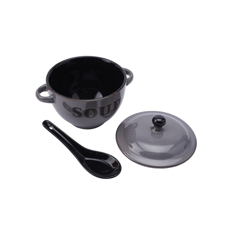 CGB Giftware Grey Stoneware 400ml Soup Bowl and Spoon Set