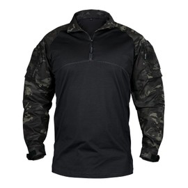 IDOGEAR OUTDOOR Tactical CAMO Shirts 1/4 Zipper Combat Shirts Long Sleeve BDU Shirts with Pockets for Outdoor Airsoft Paintball(camo Black,Small)