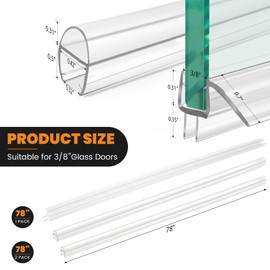 Shower Door Seal, 3 Pack 3/8" X 78" Glass Door Bottom Seal, Ultra Clear Frameless Shower Doors Strip Side U-Type, Shower Door Sweep to Stop Water Leaks for 3/8 Inch (10mm) Glass