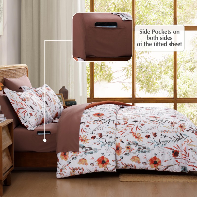 CASAAGUSTO Full Comforter Set, 7 PCS White Floral Comforter Set