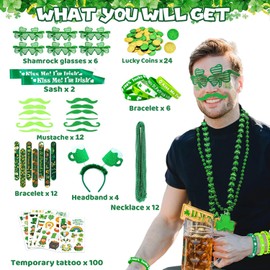 LSCQYYCC- St. Patrick's Day party gift set, including shamrock glasses, soft rubber bracelets, beaded chains, mustaches, hair bands, and Irish-themed party supplies with themed stickers