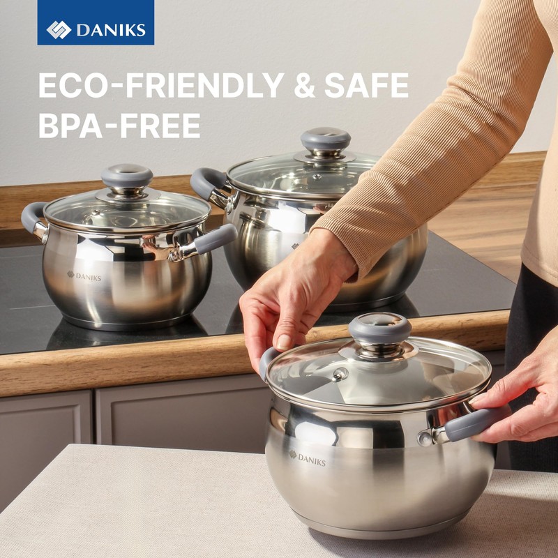 Daniks Modern 10-Piece Stainless Steel Cookware Set with Glass Lids,