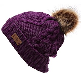 Women's Winter Fleece Lined Cable Knitted Pom Pom Beanie Hat (Purple, One Size)