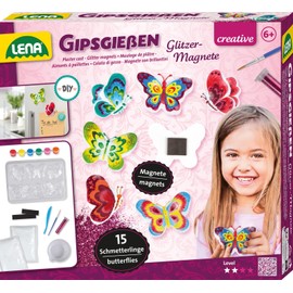Lena 42707 Plaster Casting Set for 15 Glitter Butterfly Magnets, Cast Mould Plaster Figures with 6 Butterfly Shapes, Plaster, Painting Paints, Brushes, Glitter and Magnetic Strips, Craft Set Children