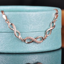 Yumilok 925 Sterling Silver Cubic Zirconia Rose Gold Plated Women Charm Bracelet 3 Infinity Symbols Link Bracelet Hand Chain with Extension