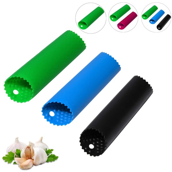 Sinnsally Garlic Peeler Skin Remover Roller Keeper,Easy Quick to Peeled Garlic Cloves with Silicone Tube Roller Garlic Peeling Kitchen Tool(3 Colors)