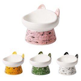 Whimsicalfox Raised Ceramic Cat Bowl, Elevated Cat Food Bowl for Indoor Cats, Raised Cat Food and Water Dish, Wide Deep Cat Dish with Two Ear Mixing Spoons, Whisker Fatigue, Easy to Clean (Pink)