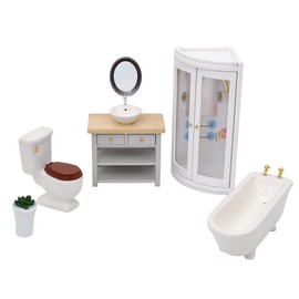 iLAND Dollhouse Furniture and Accessories 1/12 Scale of Dollhouse Bathroom Set incl Ceramic Dollhouse Toilet & Bathtub & Wooden Bathroom Cabinet with Sink (Modern 7pcs)