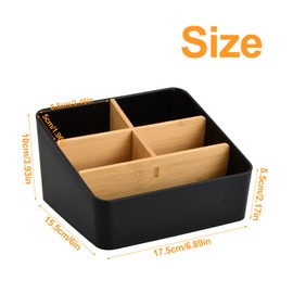 Desk Organiser, 5 Compartments Bamboo Table Organiser, Desktop Stationery Storage Box, Office Organiser with Pen Holder, Wooden Remote Control Holder, Storage Box for Pens, Cosmetics (Black)