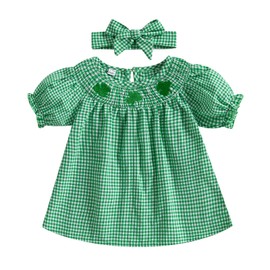 Baby Girl St Patrick’s Day Dress Puff Short Sleeve Smocked Clover Embroidery Plaid Dress Infant Toddler Girl Irish Dresses (Green, 12-18 Months)