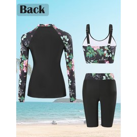 Ausing Womens 3-Piece Rash Guard UPF50+ Swimsuits Set Long Sleeve Zipper Rashguard Shirts Swimming Surfing Modest Swimwear S