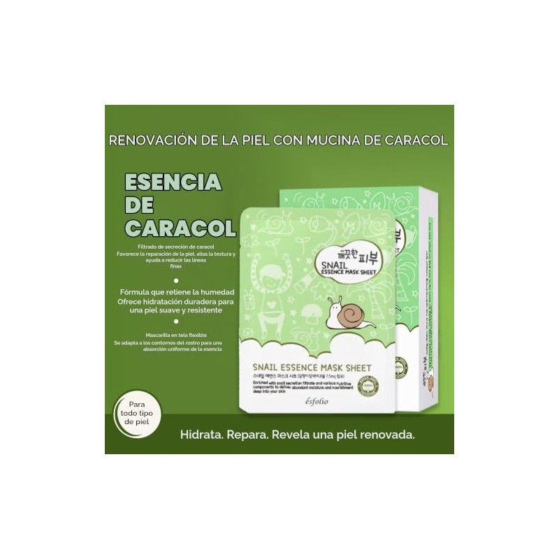 Esfolio Pure Skin Mask Box, Snail Essence, 11.8 Ounce