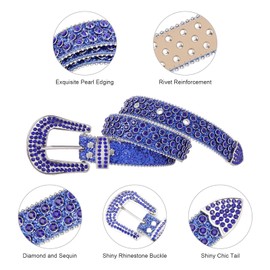 Rhinestone Buckle Belt for Men Women, Western Leather Belts Cowgirl Cowboy Shining Diamond Punk Studded Crystal Belt for Jeans, Blue, 48: fits waist from 35''-37''