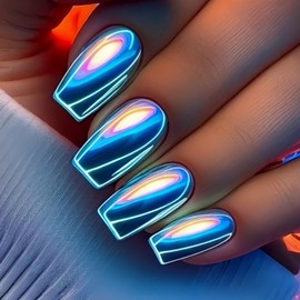 Laser Press on Nails Coffin Shaped Fake Nails Medium Glossy Stick on Nails Natural Full Cover False Nails Acrylic Glue on Nails Artificial Nails Kit for Women Girls 24Pcs