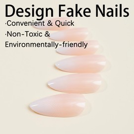 FIEONCIY Press on Nails Almond Shape-Glossy Full Cover Acrylic False Nails with White Gradient Designs Artificial Medium Almond Pointed Fake Nails Glue ons Nails Stick on Fingernails for Women Girls