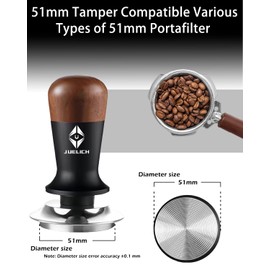JUELICH 53mm Espresso Tamper with Wooden Handle – Spring-Loaded Coffee Distributor for Even Coffee Grounds – Barista Hand Tool, Stainless Steel Coffee Leveling Tool, Classic Coffee Accessories (53mm)