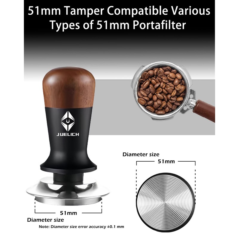 JUELICH 53mm Espresso Tamper with Wooden Handle – Spring-Loaded Coffee