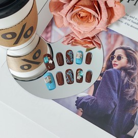 UNIYVOH Medium Square Press on Nails French Tip Handmade False Nails with Designs/Charms, Y2k Short Coffin Reusable Fake Nails (Blue Brown, L)