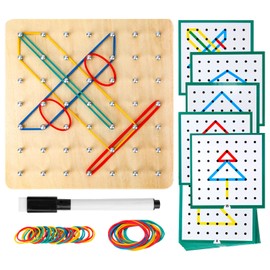 HEELWIRE Wooden Geoboard,Montessori Toy,Graphical Mathematical Education Toy for Kids with Pattern Cards and Rubber Bands to Figures and Shapes, Brain Teaser STEM Toy Geo Board (6 * 6 * 0.6 in)