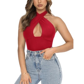 REORIA Women's Slim Sleeveless Bodysuits Trendy Sexy Criss Cross Halter Neck Body Suits Double Lined Layering Going Out Tops Red X-Large