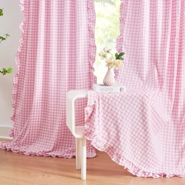 ZJDECOR Light Pink Buffalo Plaid Ruffle Curtains 84 Inches Long for Girls Room,Crinkled Not-See-Through Sheer Drapes,Shabby Chic Window Treatment for Bedroom Living Room,Rod Pocket,40"Wx84"L,Pack of 2