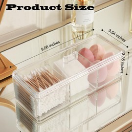 Hoiumlz Qtip Holder Dispenser 3 Compartments Cotton Ball Swab Holder with Lid Clear Bathroom Dresser Organizer Tea Bag Holder Acrylic Organizer for Cotton Ball and Swab, Round Pads, Hair Accessories