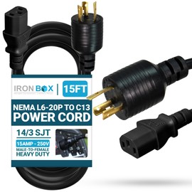 IronBox Electric NEMA L6-20P to C13 Power Cords - 15A, 250V, 14/3 SJT - UL Listed Power Extension Adapter - Heavy Duty Plug and Cables for Data Centers, PDU, High Powered Devices & More (15ft, Molded)