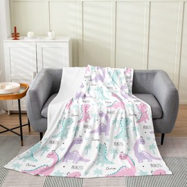 Kids Dinosaur Throw Blanket Girls Kawaii Dino Princess Fleece Blanket Lightweight Cartoon Watercolor Dinosaur Hand Painted Flannel Blanket Home Room Decor Boys Jungle Animal Fuzzy Blanket Purple,Twin