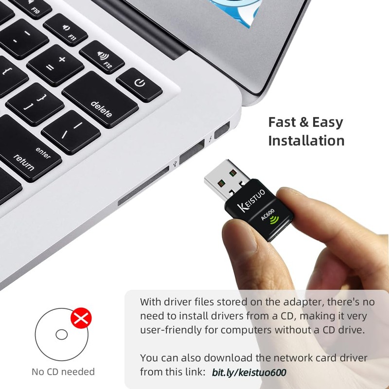KEISTUO AC600 WiFi Adapter for Desktop PC Laptop - Wireless