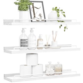 22 inches Long Floating Shelves, Bathroom Decor Shelves Over Toilet, Farmhouse Wall Shelves for Living Room, Bedroom, Picture Frames, Plants, Kitchen, Set of 3 (White)
